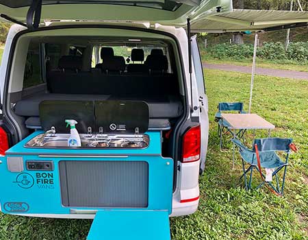 VW campervan with kitchen for hire in the Alps